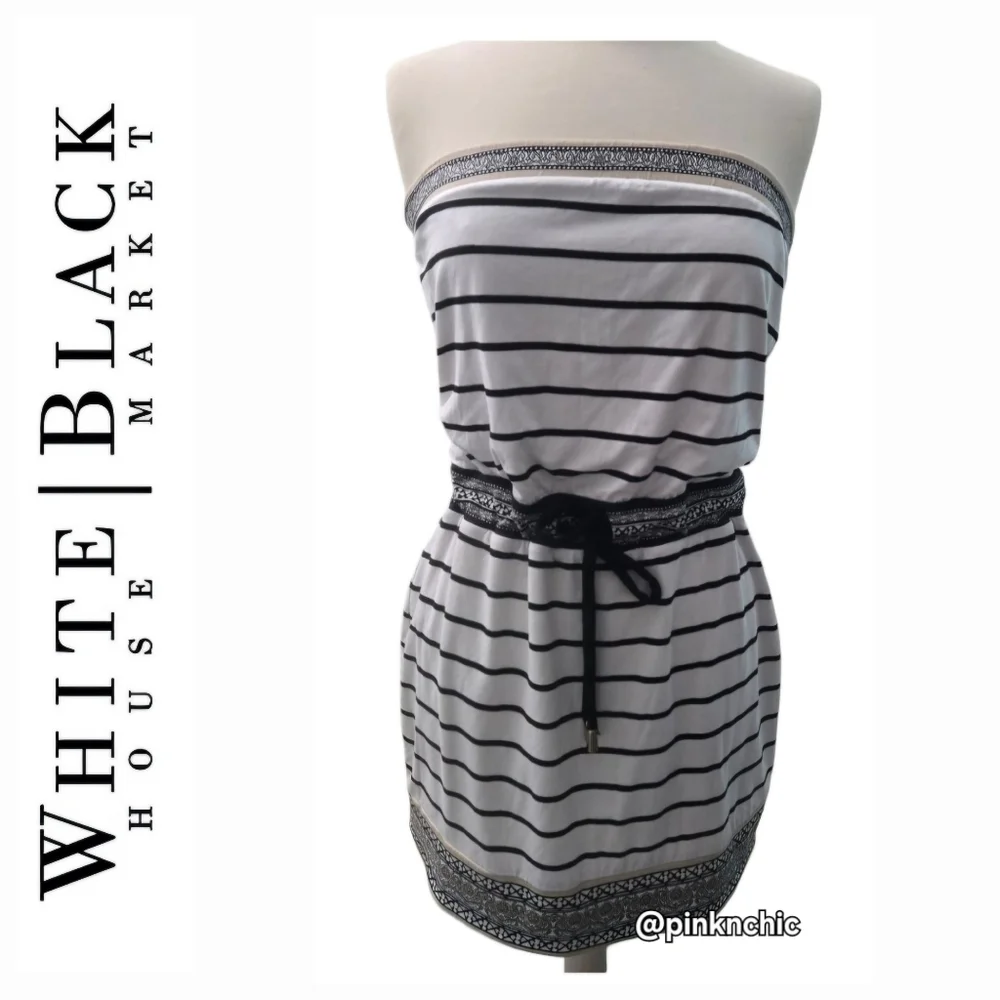 White House Black Market Bohemian Black and White Strapless Striped Dress - Picture 2 of 15